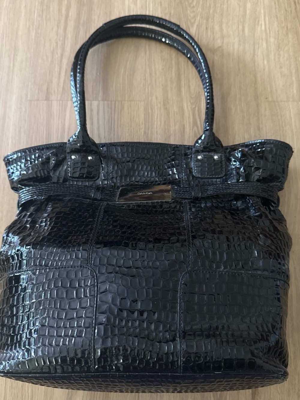 Calvin Klein Black Croc-Embossed Patent Tote